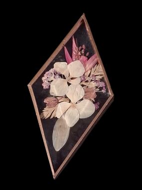 Vintage MCM Dried Pressed Flower - Brass Diamond-Shaped Fridge Magnet